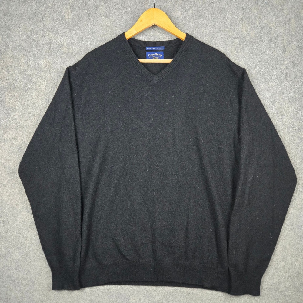 Club Room Sweater Mens Large Black 2-Ply Cashmere V-Neck Pullover Classic Luxury